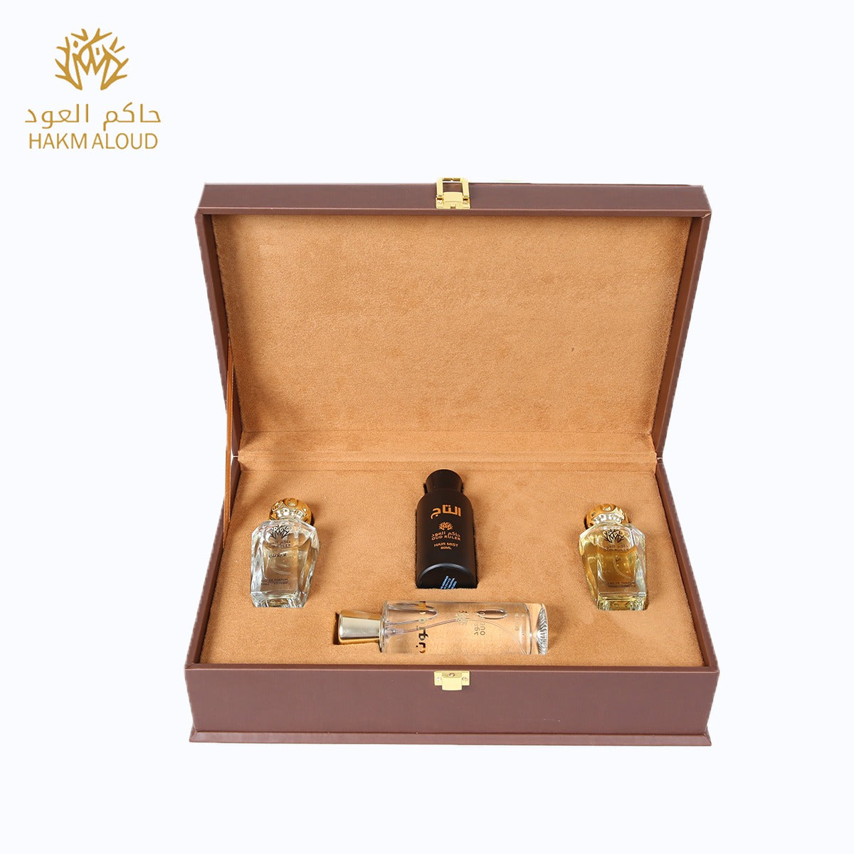 صندوق إهداء مكسى بالجلد - يستوعب عطرين مع معطر شعر و معطر جسم